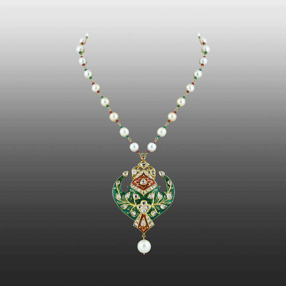 Pearl Necklace with Green-Red Enamel Pendant